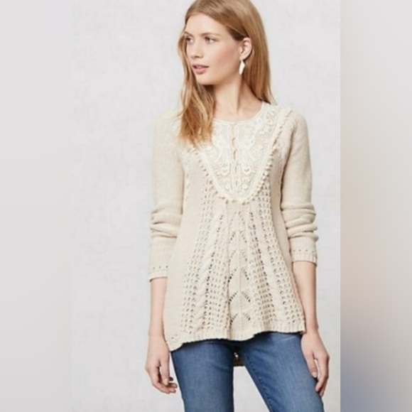 Anthropologie Angel Of The North Lace Detail Cable Knit Sweater Beige Size Small - Picture 1 of 6